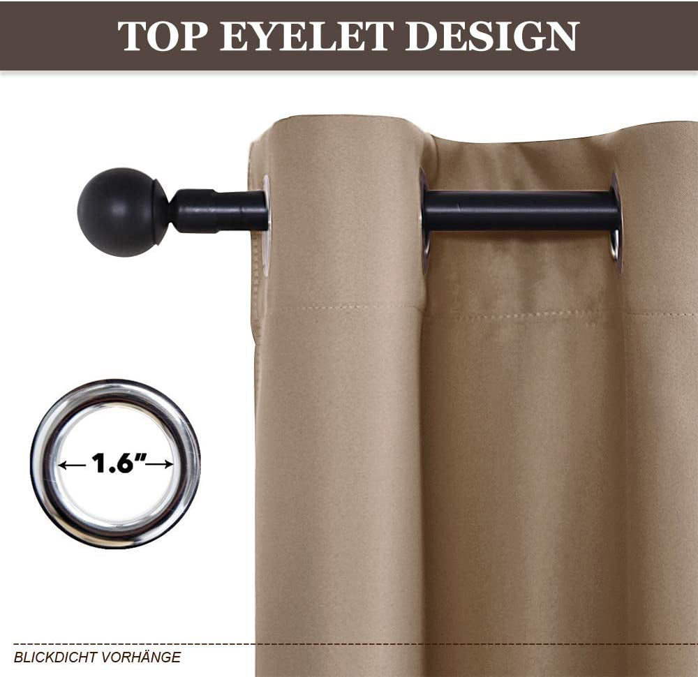 Beige noise reducing blackout curtain with 1.6-inch metal grommet eyelets on a black rod, ideal for living room & bedroom privacy.