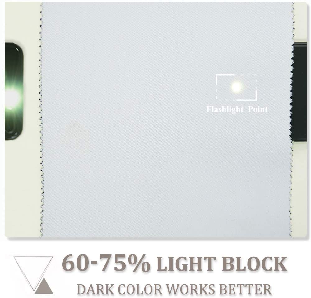 Light grey blackout curtain fabric swatch showing flashlight point demonstrating 60-75% light block for living room or bedroom.