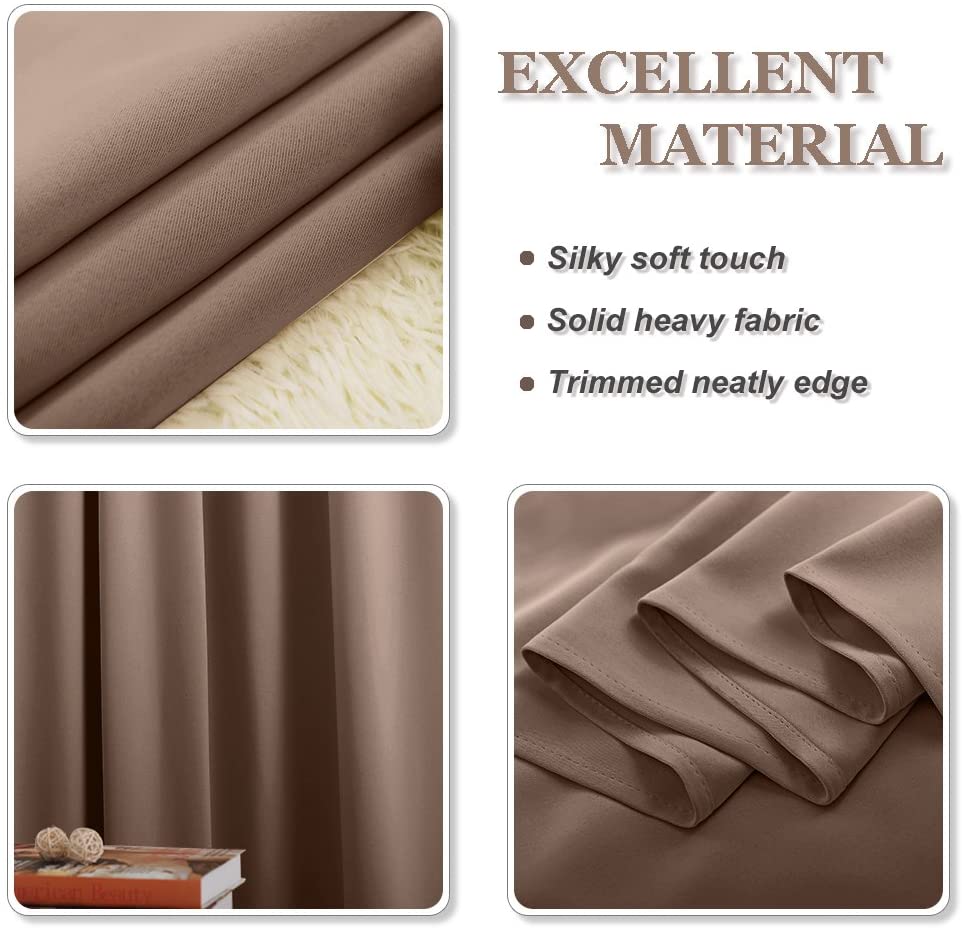 Soft, heavy brown blackout curtain fabric with neat edges. High-performance noise reducing panels perfect for living room and bedroom.
