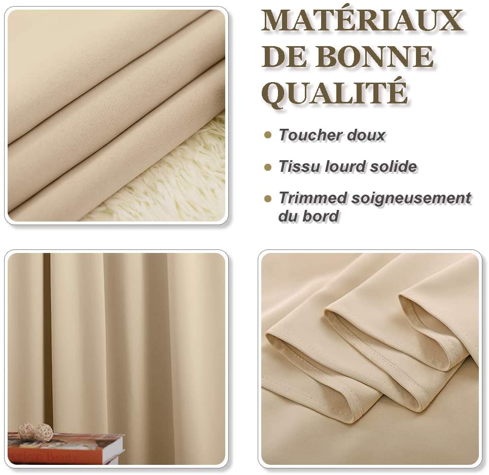 Soft, thick beige blackout curtain fabric showcasing smooth texture, elegant drape, and precise hemming for living room or bedroom.