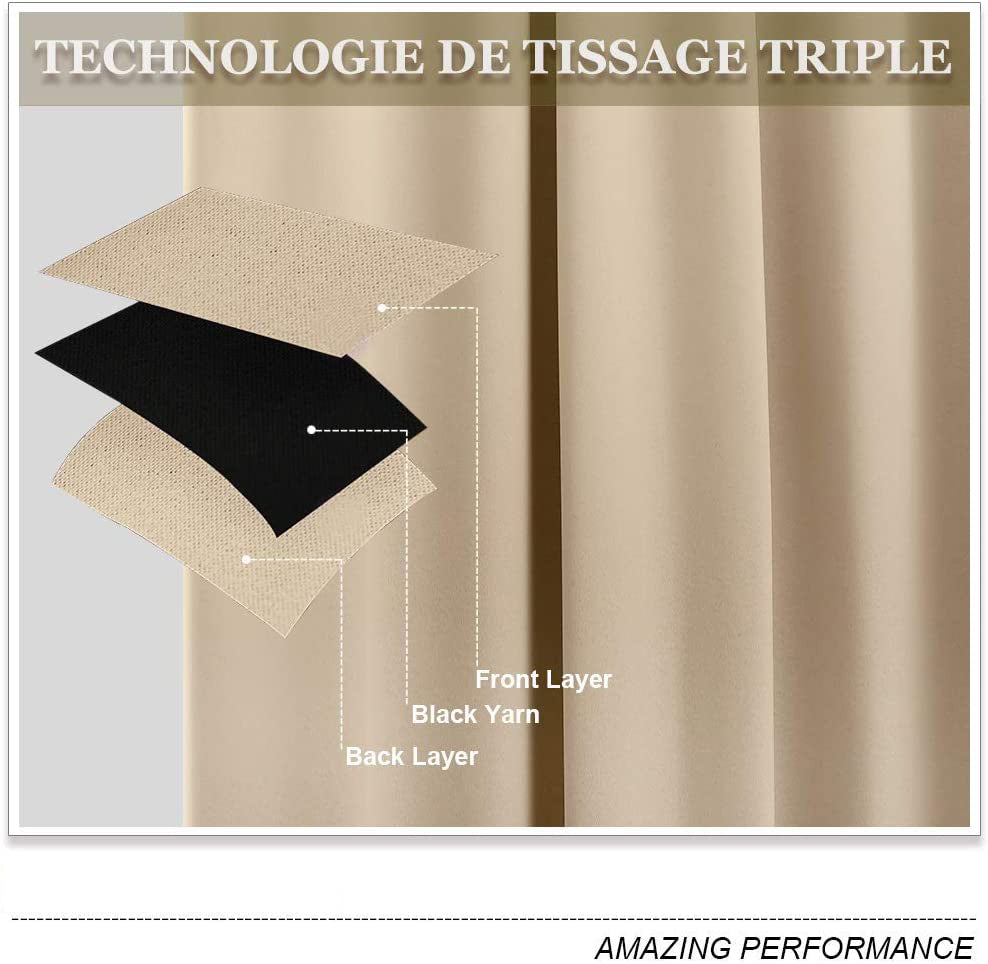 Diagram of beige blackout curtain triple weave technology, highlighting front, black yarn, and back layers for noise reduction.