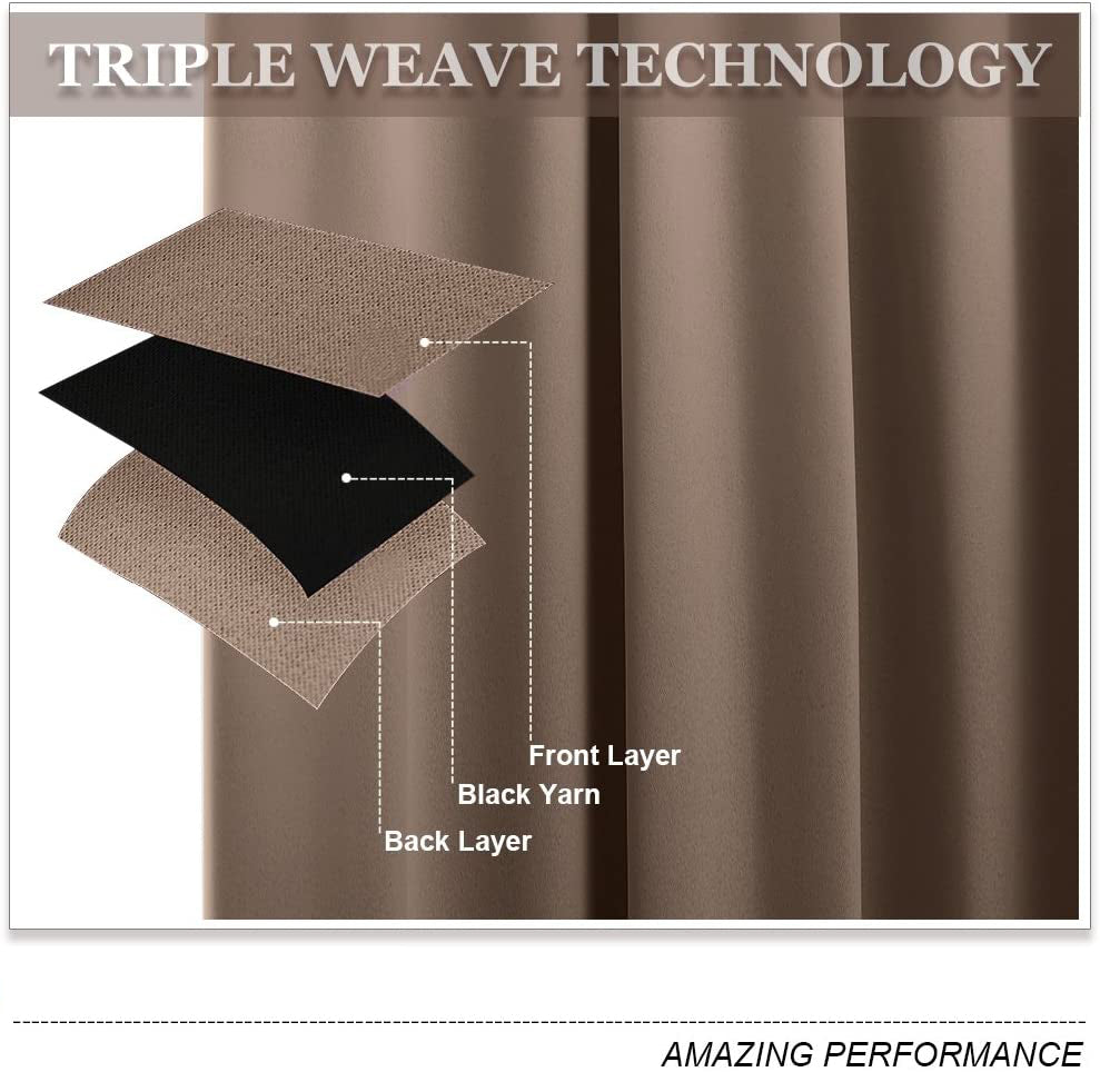 Diagram illustrates triple weave blackout curtain technology: a front layer, black yarn core, and back layer for noise reduction.