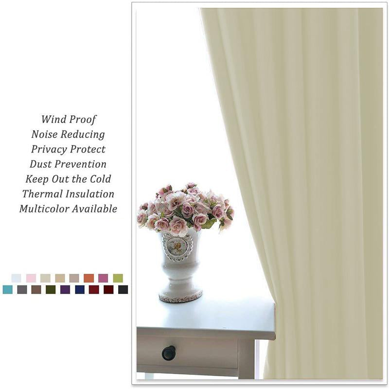 Cream blackout curtain panel with soft folds at a bright window, ideal for living room & bedroom privacy, noise reduction.