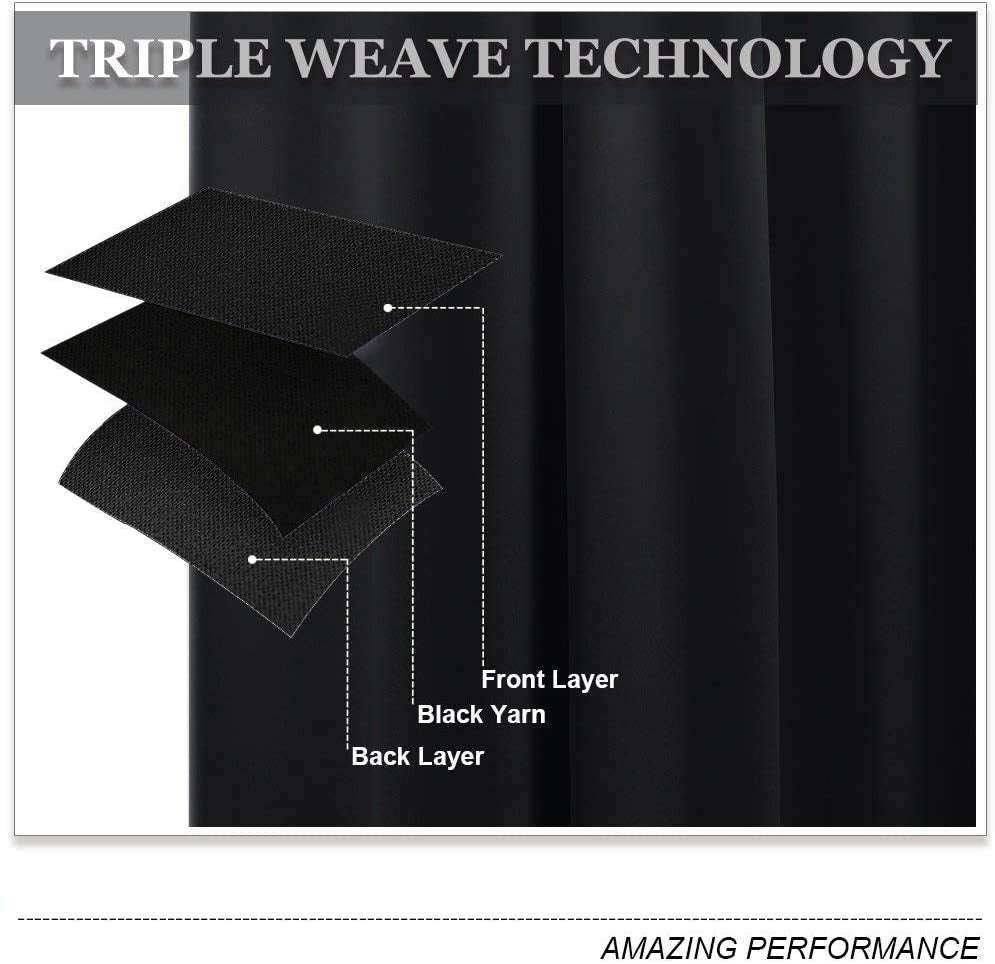 Cross-section diagram illustrating black triple weave blackout curtain layers: front, black yarn, and back for noise reduction.