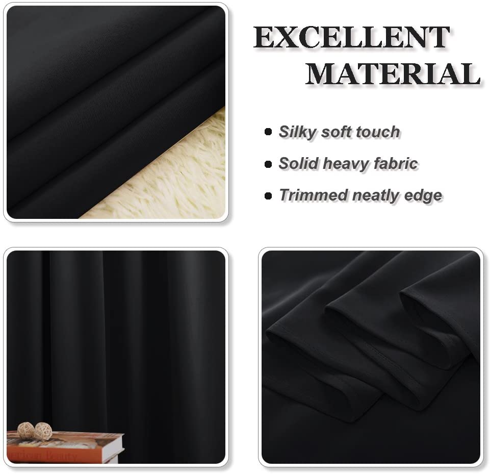Close-up views of black noise reducing blackout curtain fabric, highlighting its silky soft, solid heavy material and neatly trimmed edges.