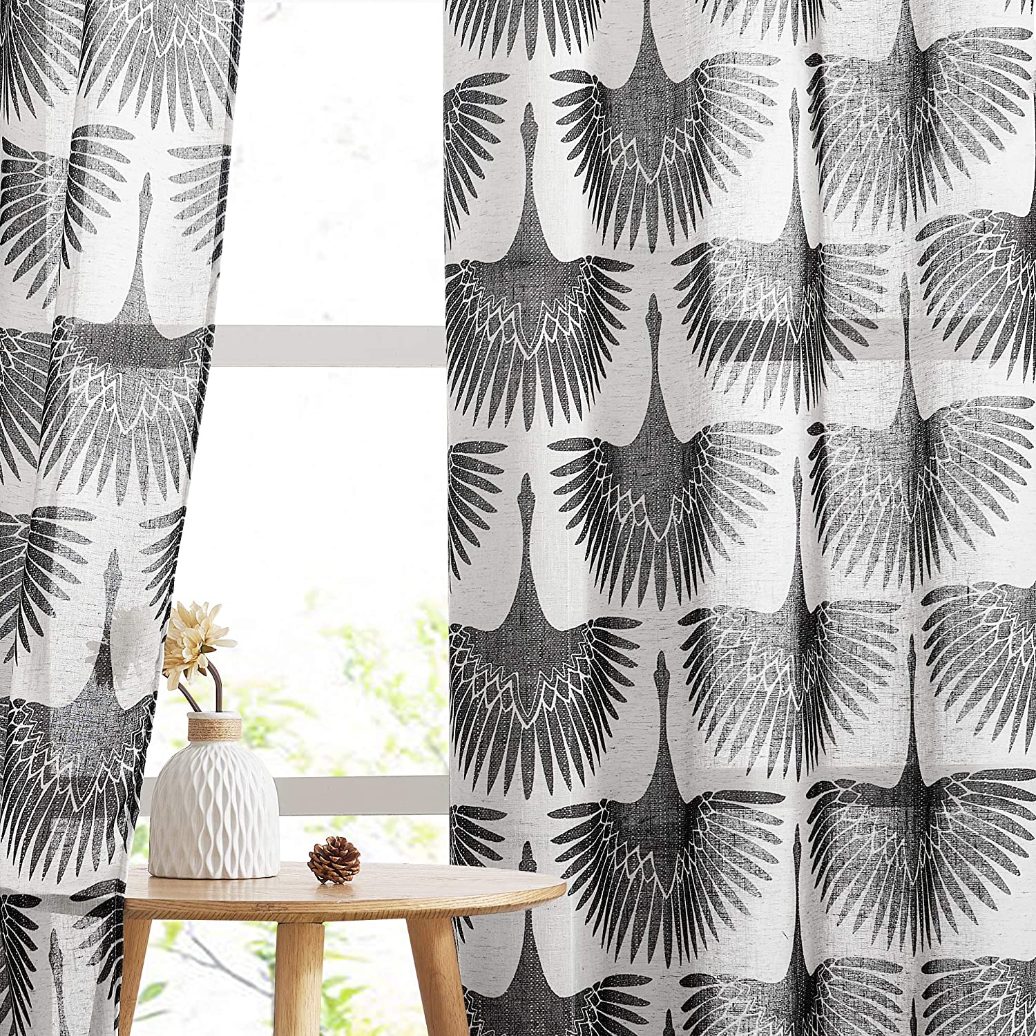 Grommet Sheer Privacy Flying Crane Print Linen Curtains For Bedroom 2 Panels KGORGE Store