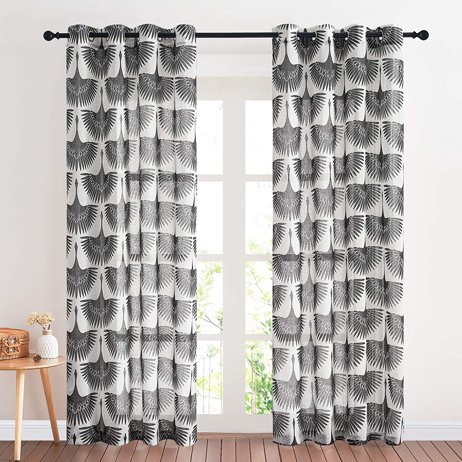 Grommet Sheer Privacy Flying Crane Print Linen Curtains For Bedroom 2 Panels KGORGE Store