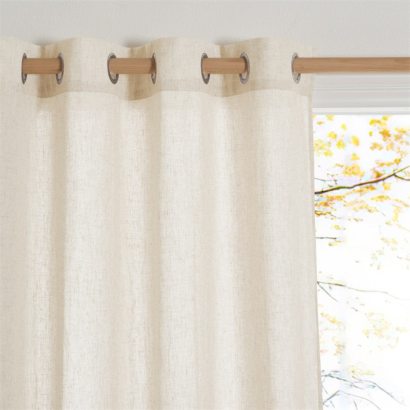 Natural light-filtering sheer linen grommet curtain, showing texture and silver grommets on a wooden rod. Ideal for bedrooms.