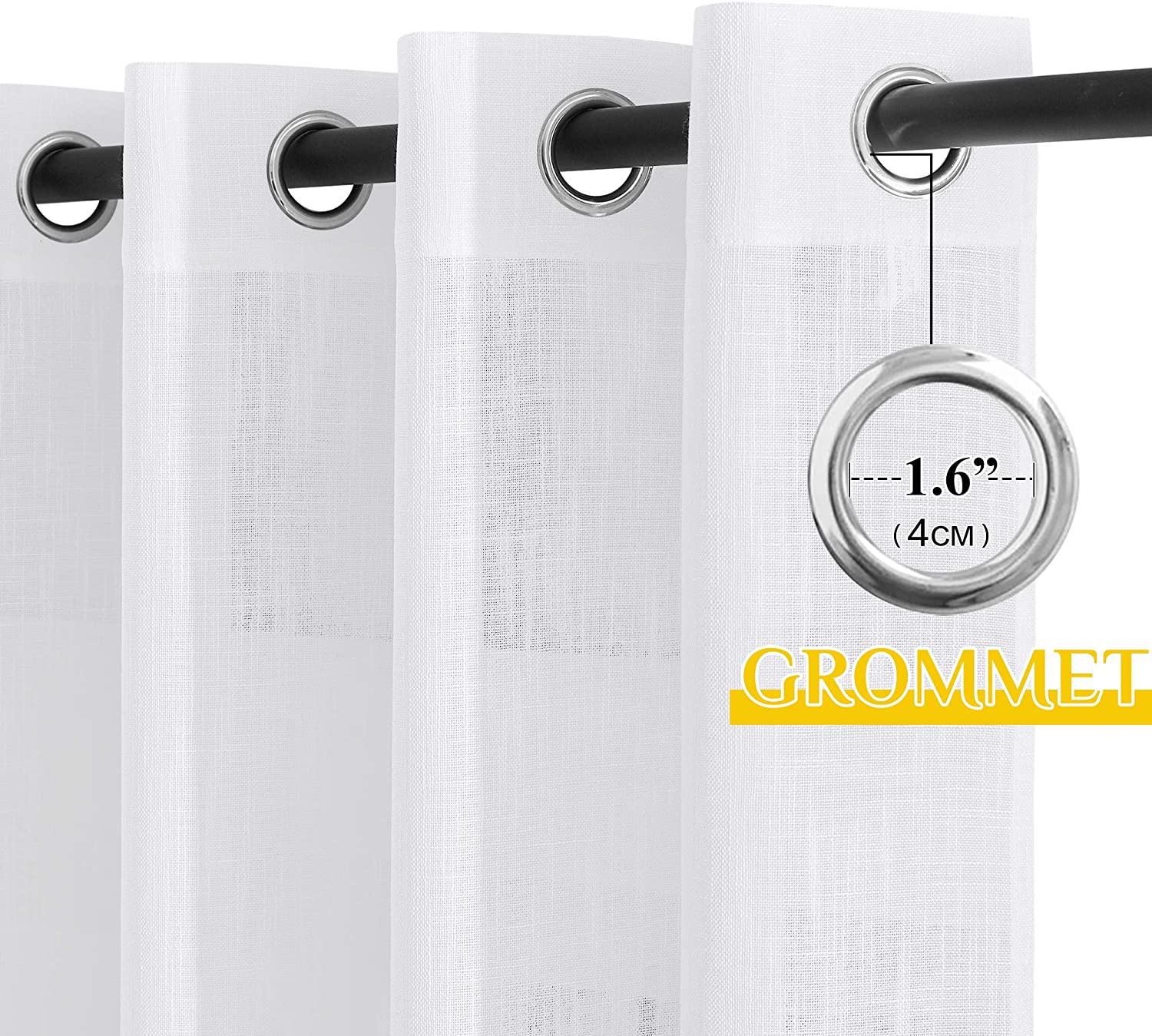 White sheer privacy linen curtains, close-up showing the 1.6-inch (4cm) metal grommets on a curtain rod.