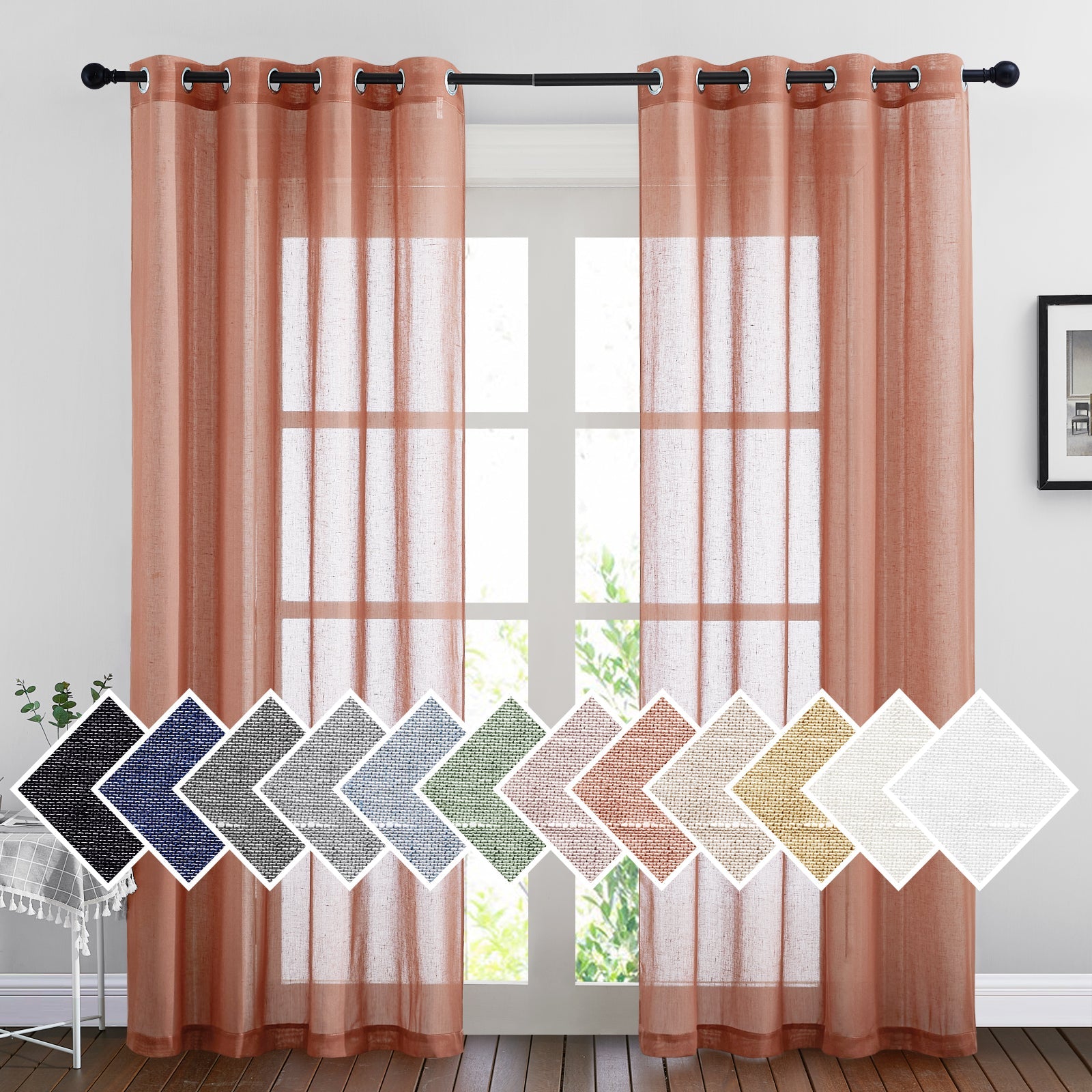 Terracotta grommet sheer linen privacy curtains for bedroom/living room window. Multiple color swatches available.
