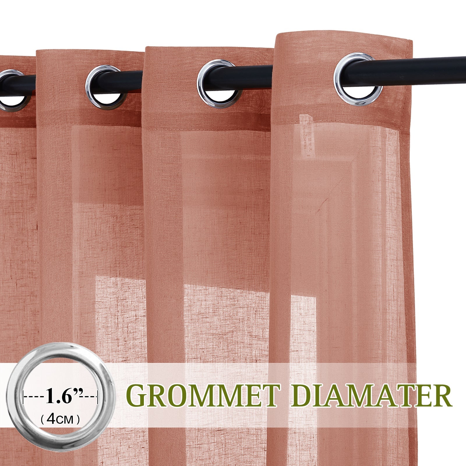 Close-up of terracotta sheer linen privacy curtains with silver grommets on a rod. Details 1.6" (4CM) grommet diameter for bedroom/living room.