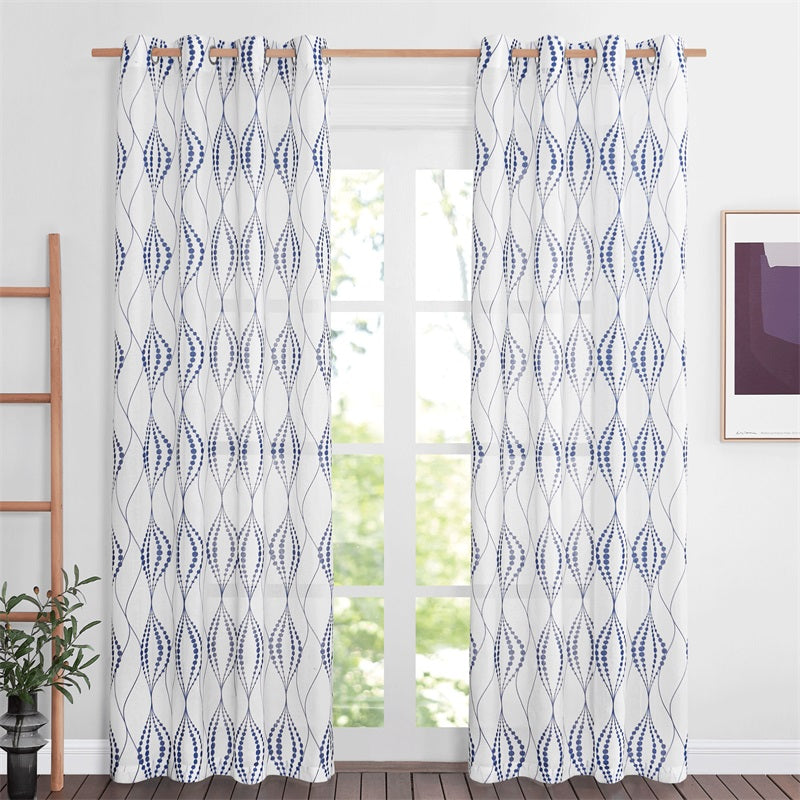 Grommet Sheer Privacy Print White Faux Linen Curtains For Bedroom 2 Panels KGORGE Store