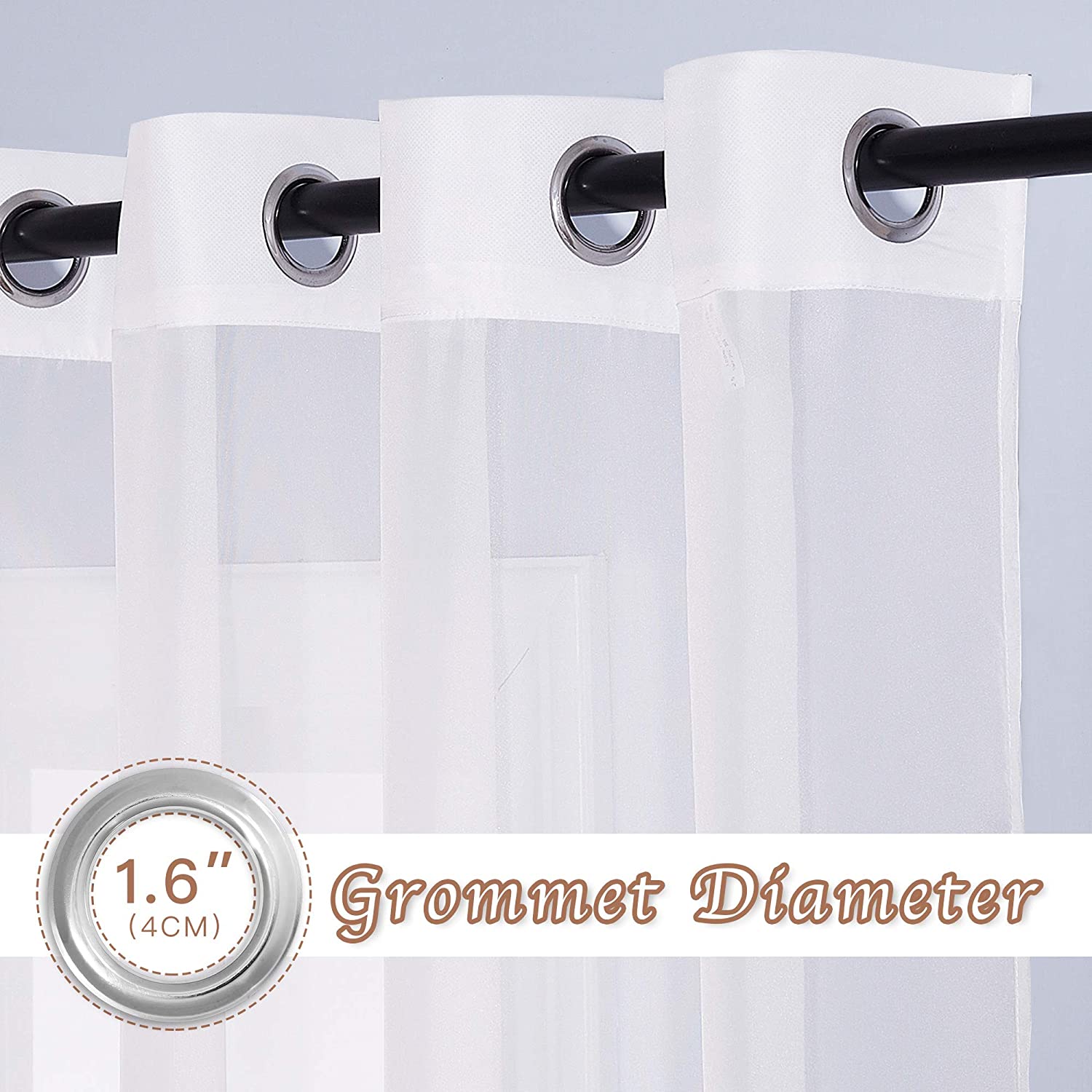 White sheer voile privacy curtains with 1.6" (4CM) silver grommets on a black rod for bedroom and living room.