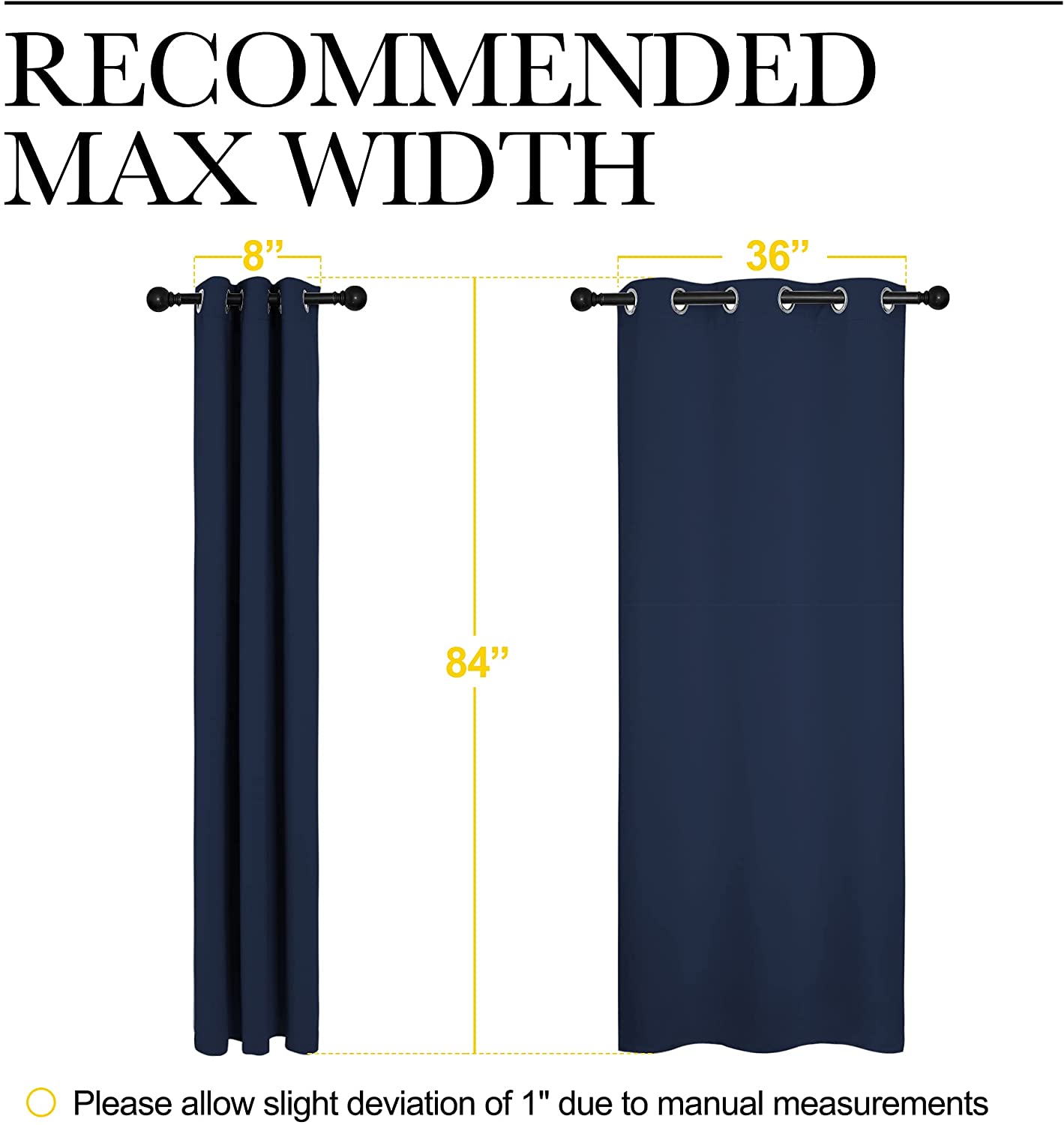 Navy grommet thermal blackout curtain dimensions: 84" length, showing 8" gathered width & 36" extended width for living rooms.