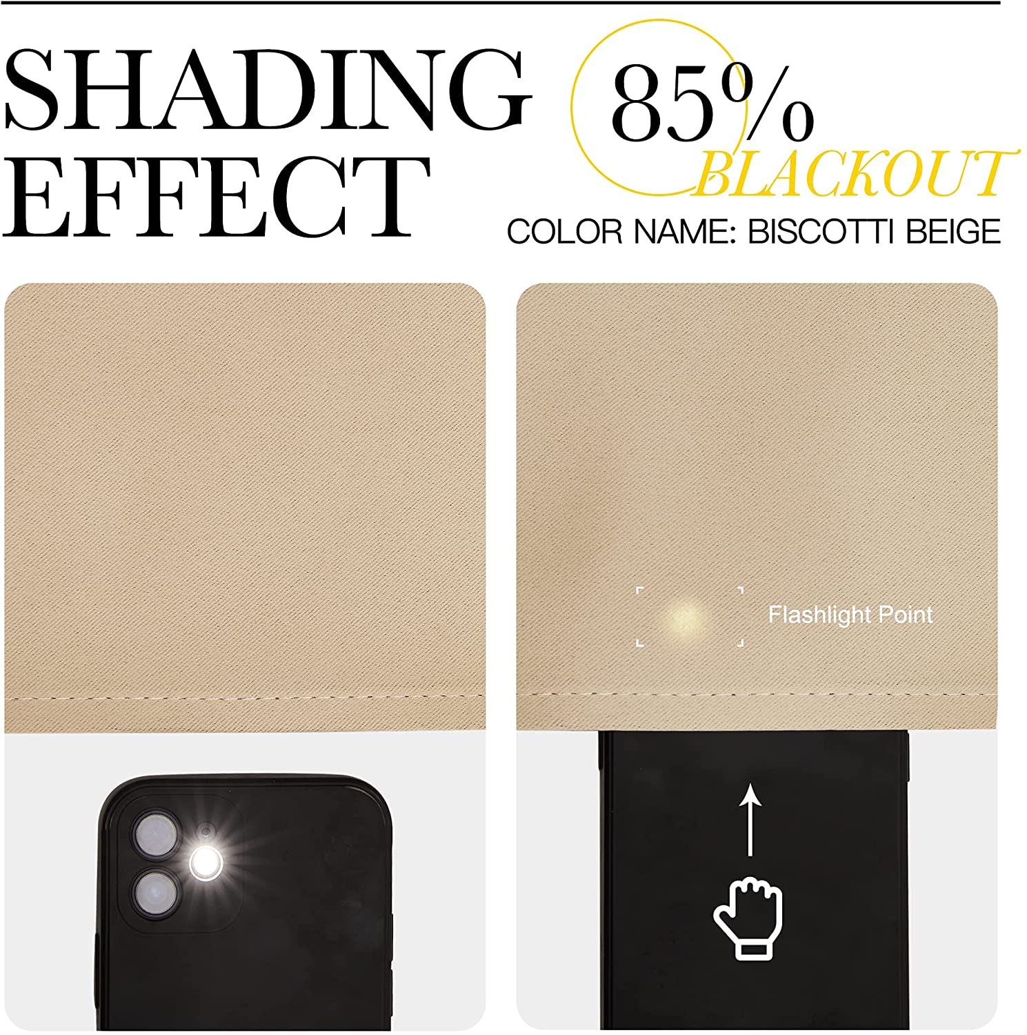 Biscotti beige thermal insulated blackout curtain fabric showcasing 85% light blocking with a flashlight point demonstration.