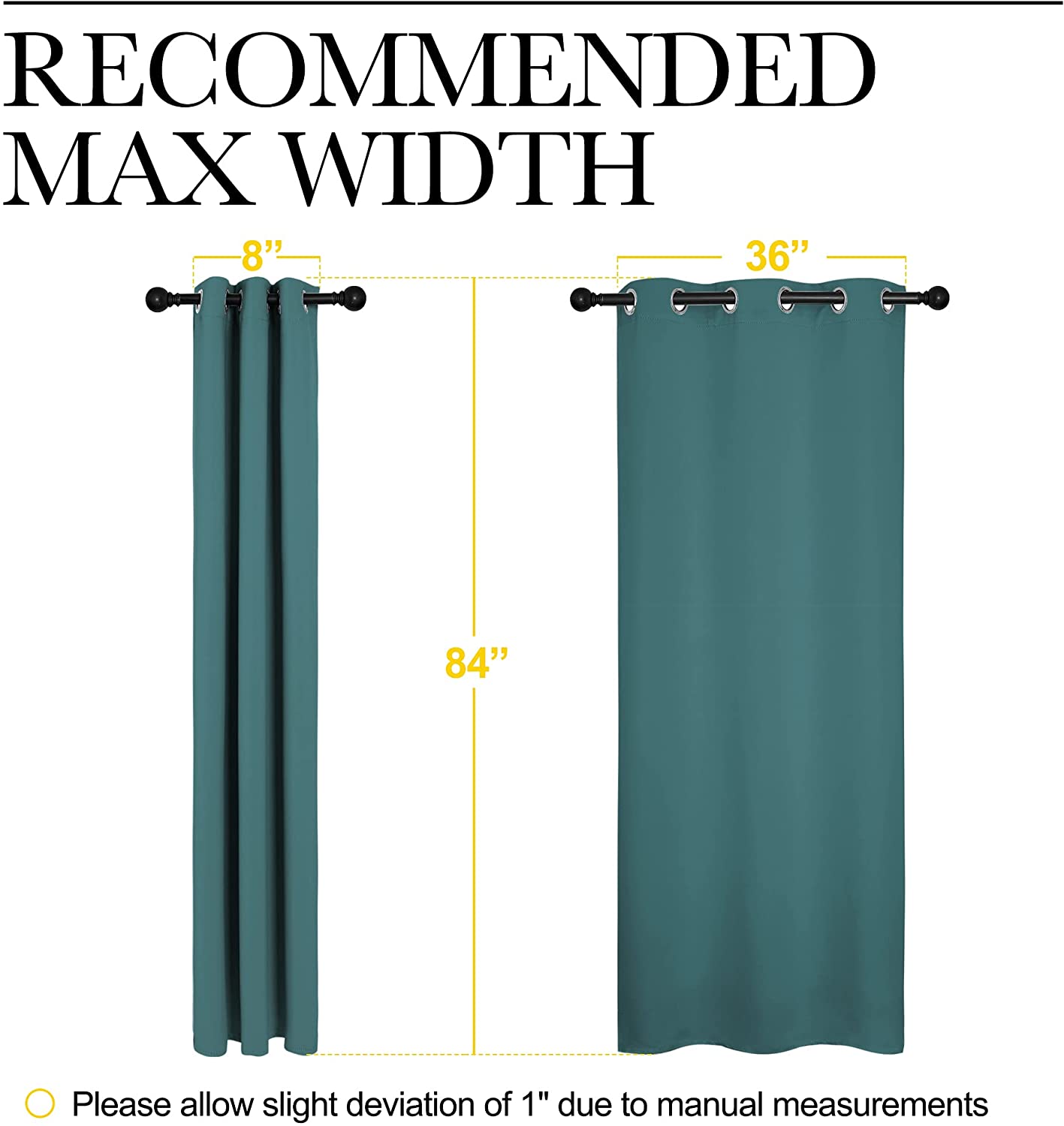 Teal grommet thermal insulated blackout curtain size guide for living room, showing 8" gathered and 36" flat widths, both 84" long.