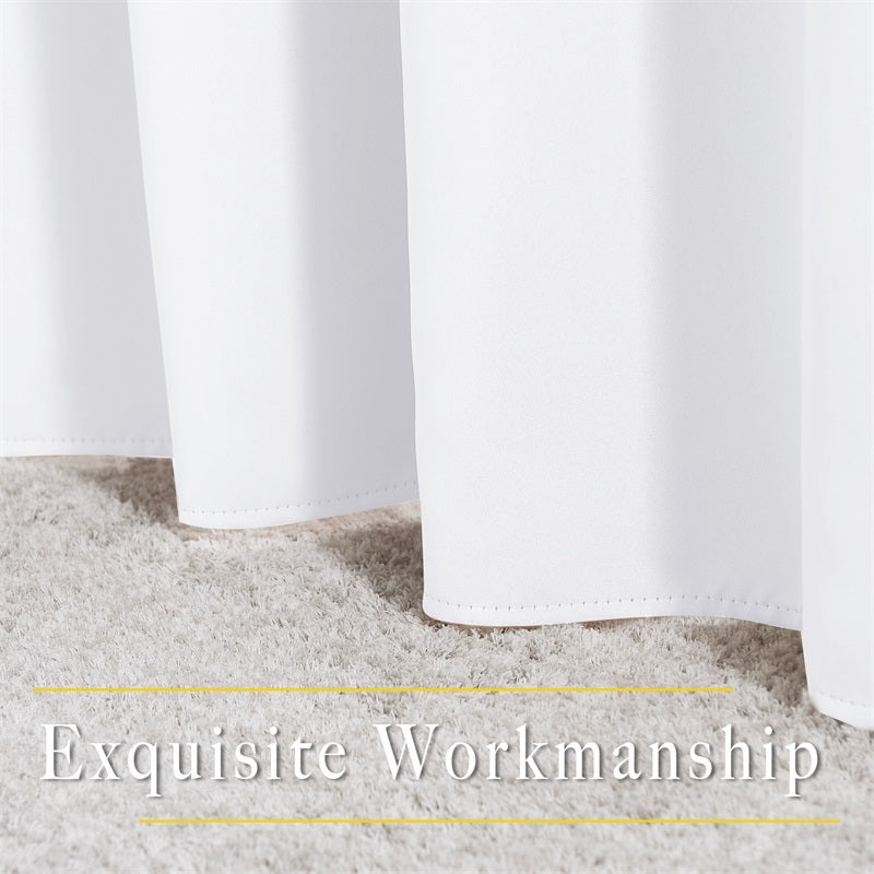 White thermal insulated blackout curtain hem with precise stitching detail on fluffy carpet, showcasing exquisite workmanship.