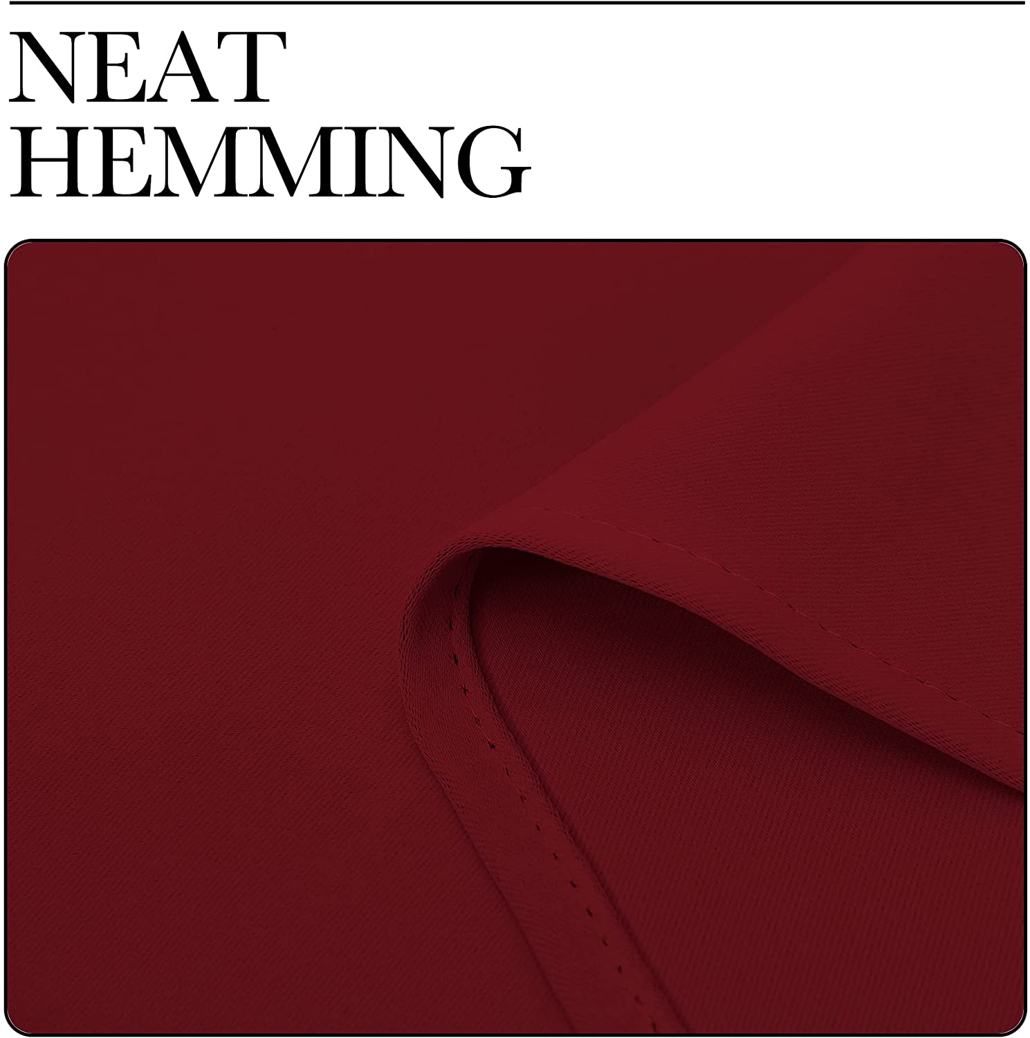 Close-up of deep red thermal insulated blackout curtain fabric, highlighting precise, neat hemming for living rooms.