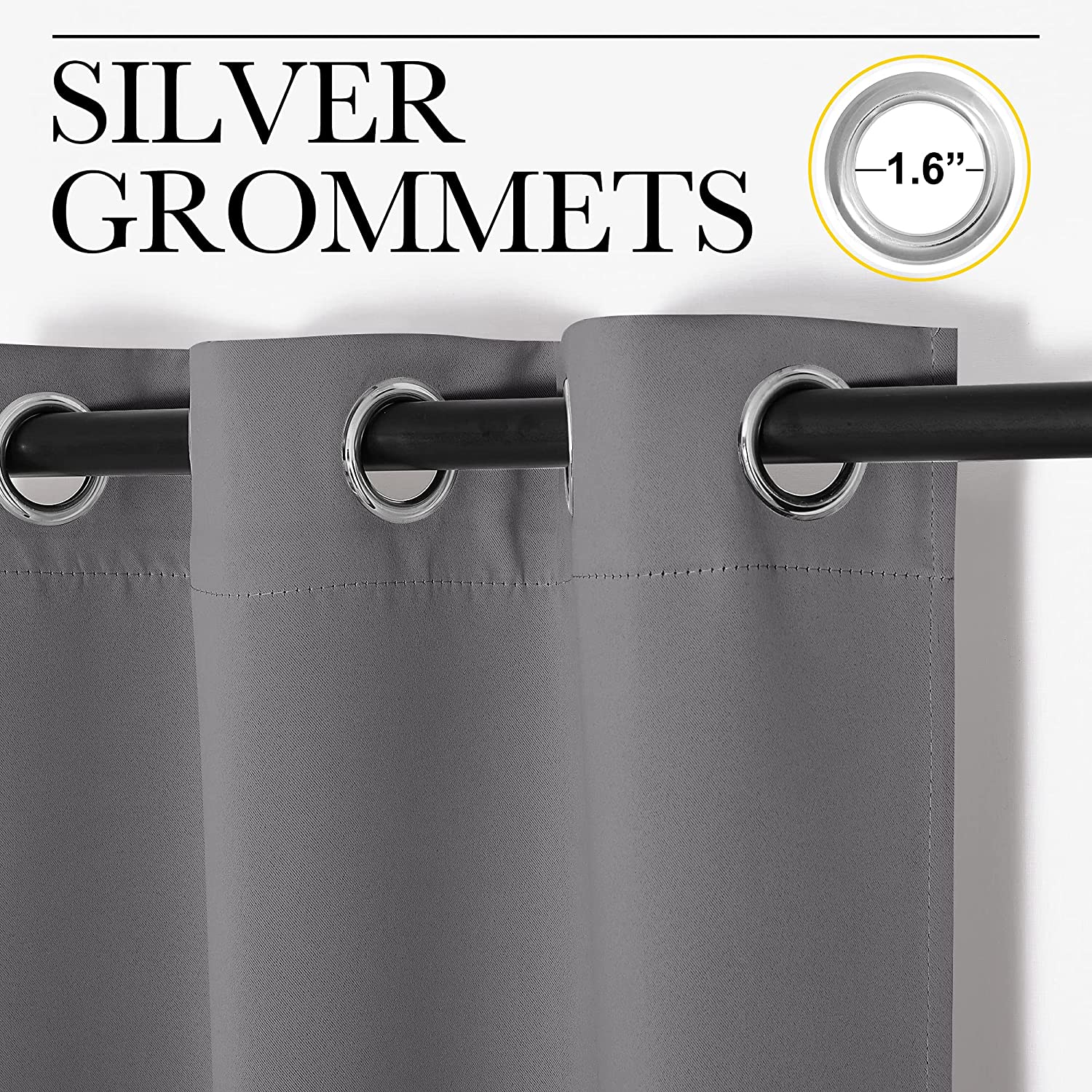 Close-up of grey thermal insulated blackout curtain panels with 1.6-inch silver grommets on a rod.