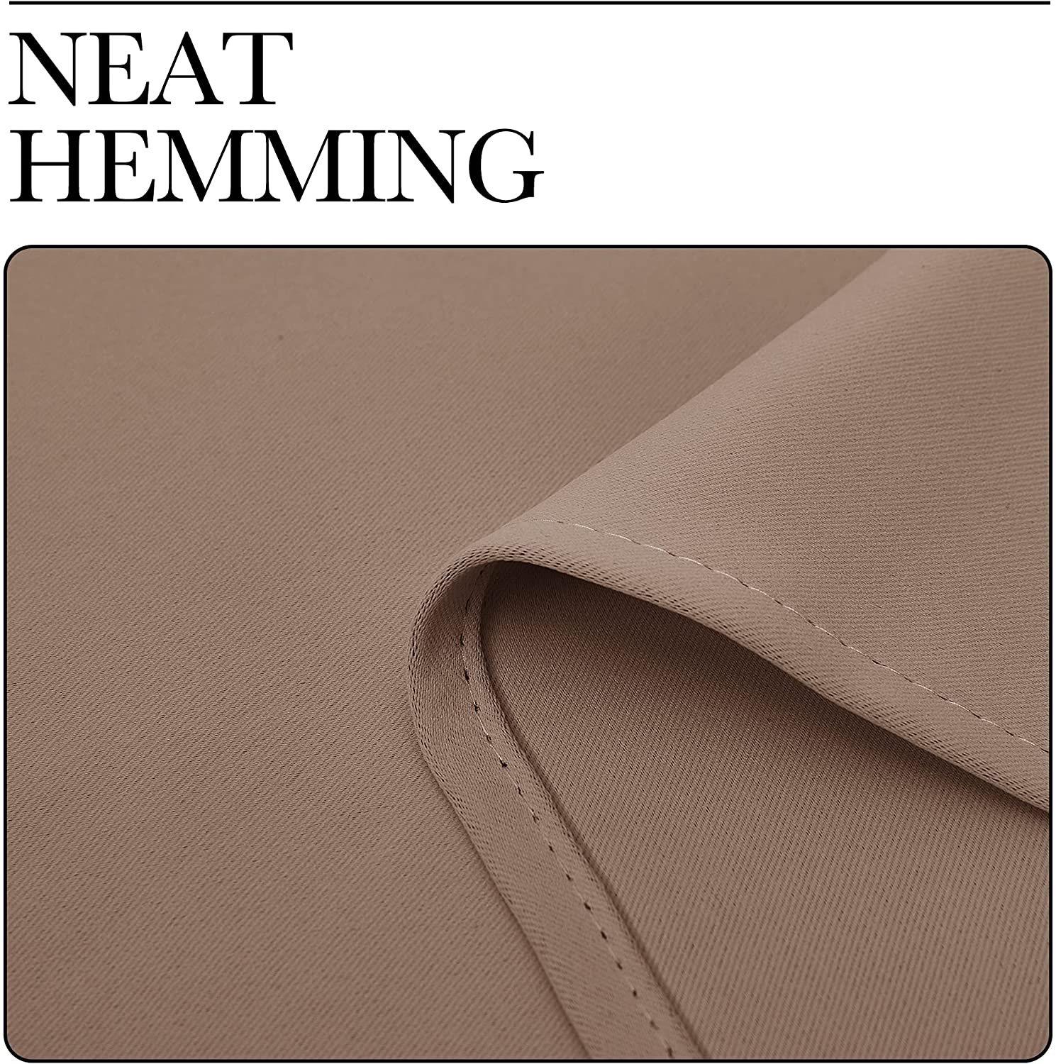 Close-up of neat hemming on a beige thermal insulated blackout curtain, showcasing durable fabric and quality stitching.