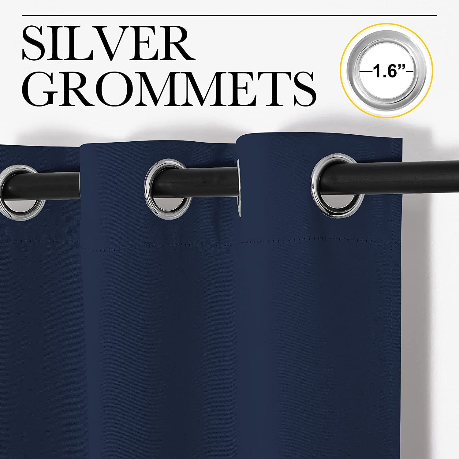 Close-up of navy blue blackout curtain panel with 1.6" silver grommets on a rod, for living room thermal insulation.