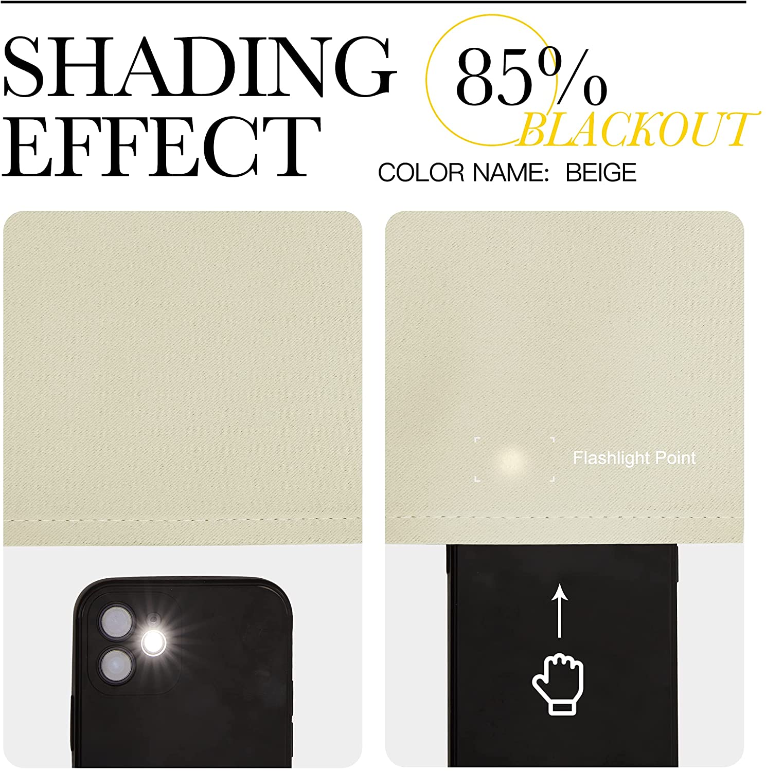 Beige thermal insulated blackout curtains demonstrating 85% light blocking. A flashlight behind the fabric shows its effective shading for living rooms.