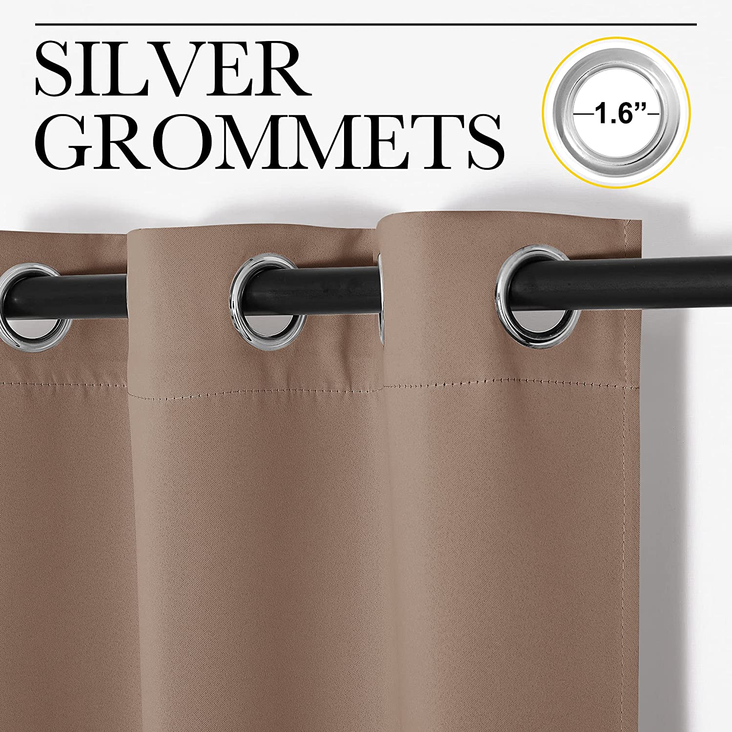 Brown thermal insulated blackout curtains for living room, featuring 1.6" silver grommets on a black rod.