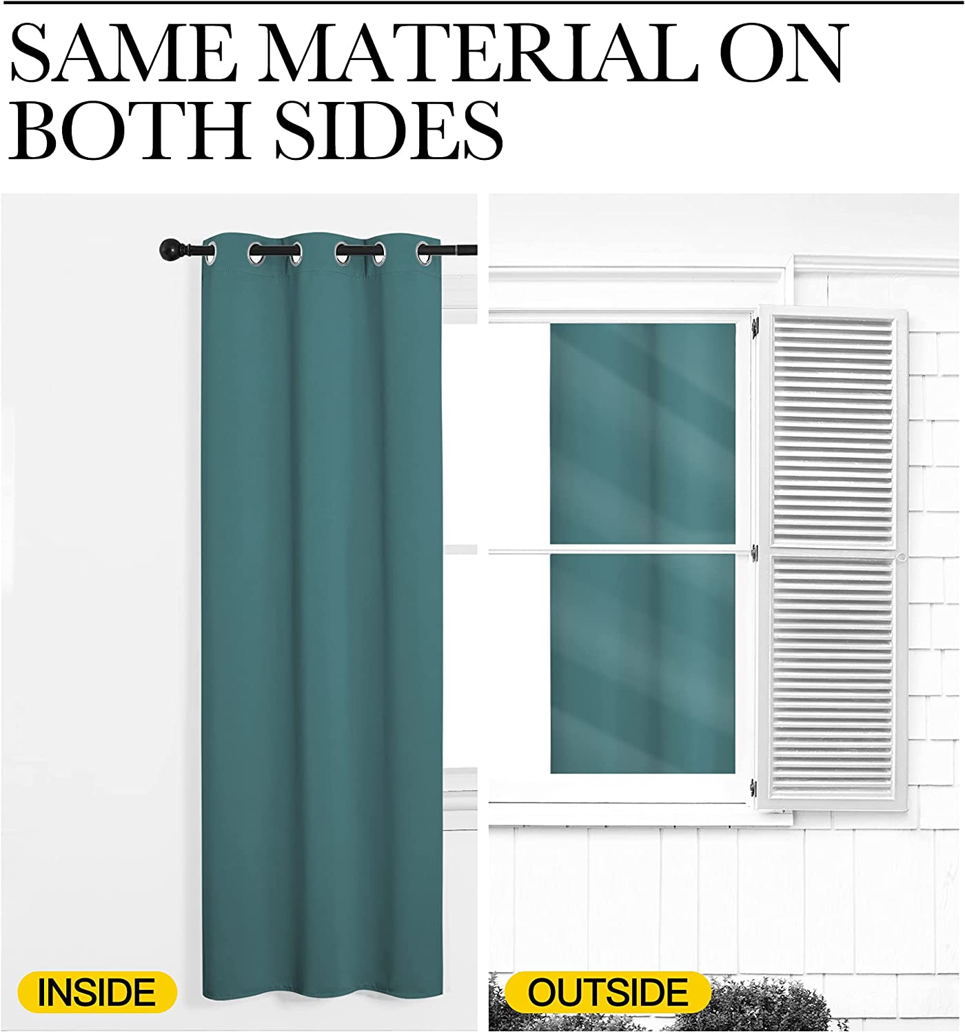 Teal grommet blackout curtain, viewed from inside & outside, showcasing same thermal insulated material on both sides.