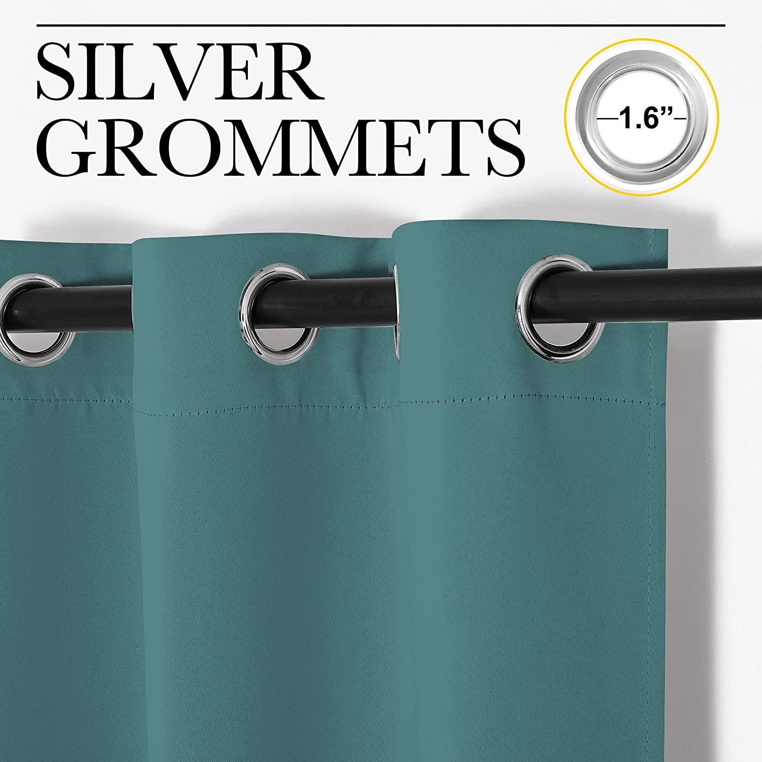 Teal thermal insulated blackout curtain panel showcasing 1.6" silver grommets on a dark rod, for living rooms.