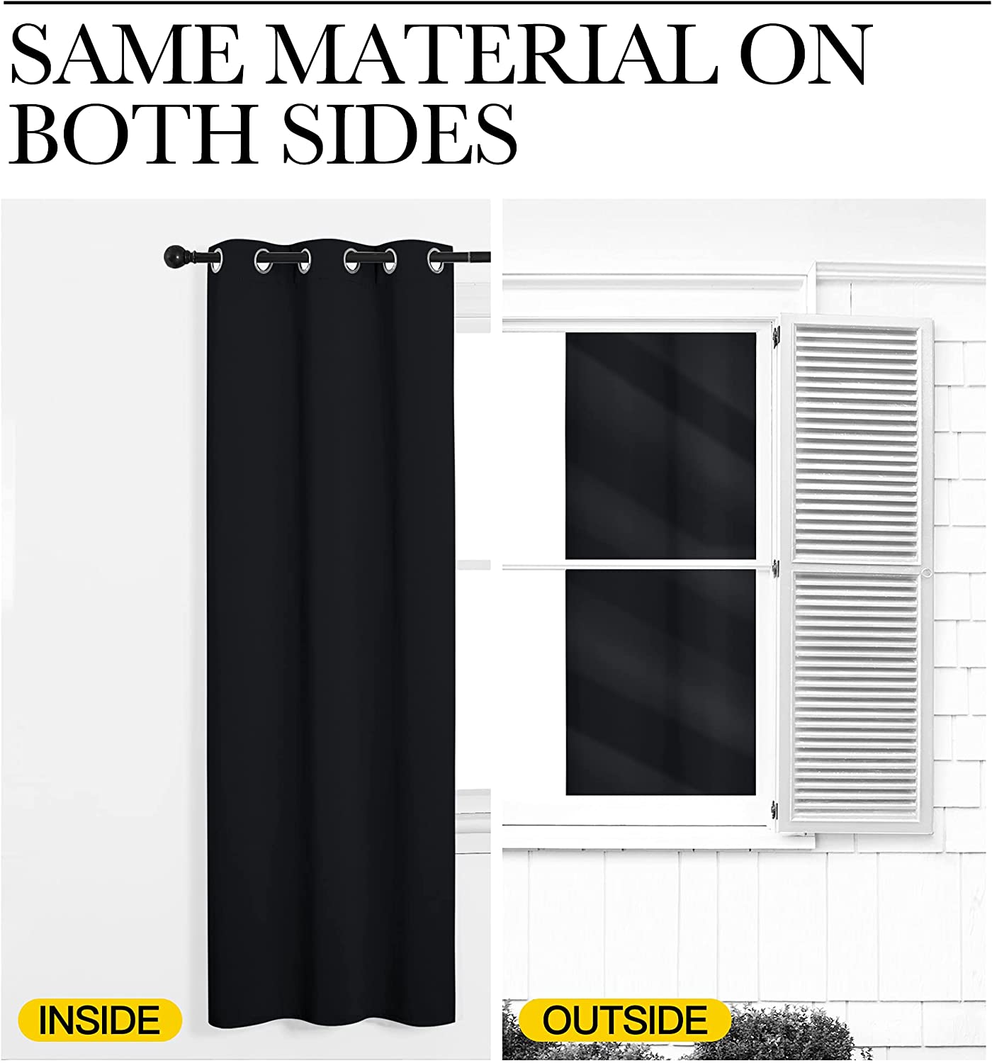 Black grommet thermal insulated blackout curtain panel viewed from inside and outside a window, confirming same material finish.