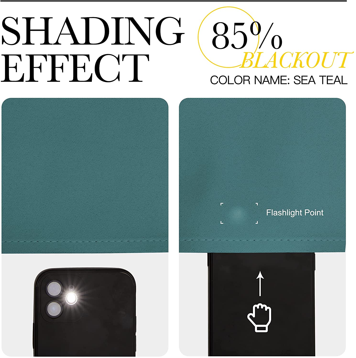 Demonstration of 85% blackout effect for sea teal thermal insulated curtains, showing light blockage against a flashlight.