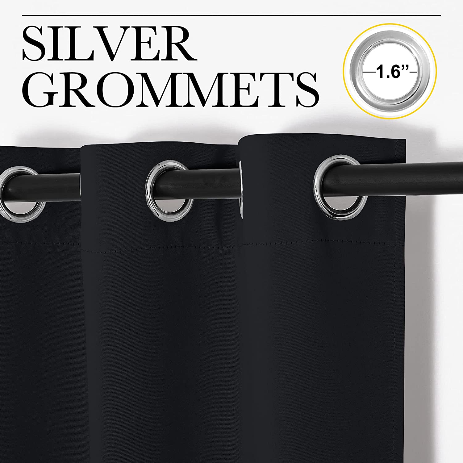Black thermal insulated blackout curtain with 1.6-inch silver grommets on a rod, ideal for living room window treatment.