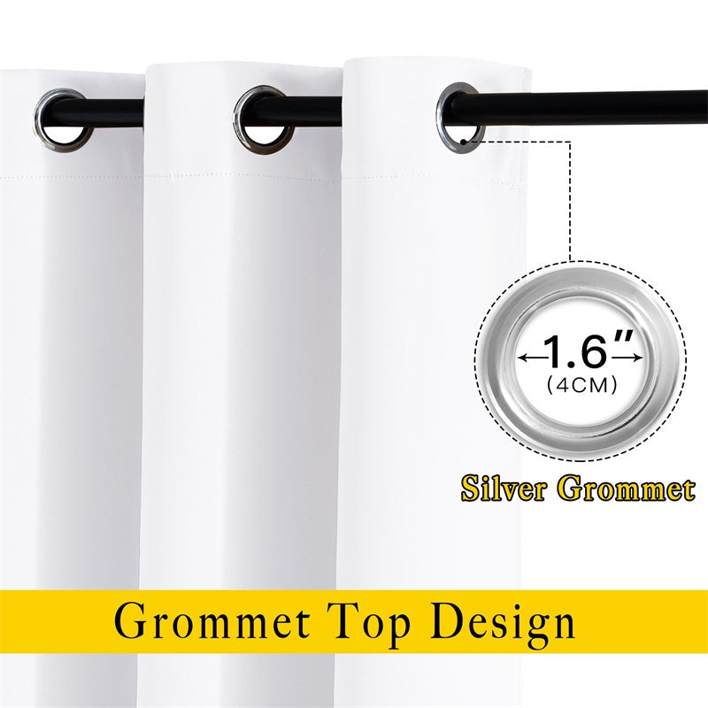 White thermal insulated blackout curtain panel with silver 1.6-inch grommet top design, hanging on a black rod.