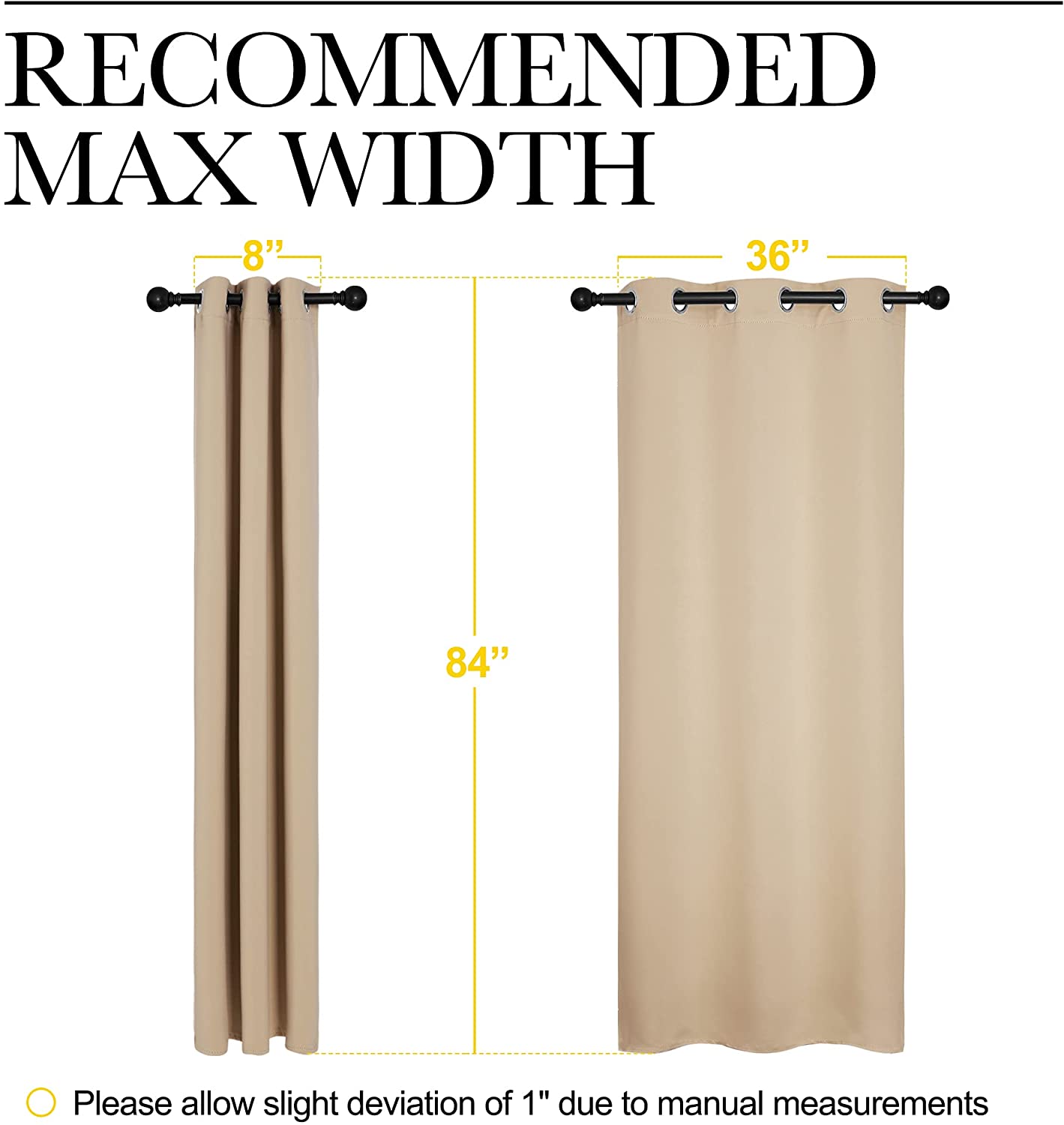 Pair of beige grommet thermal insulated blackout curtains, showing 8" gathered width and 36" extended width with 84" length.