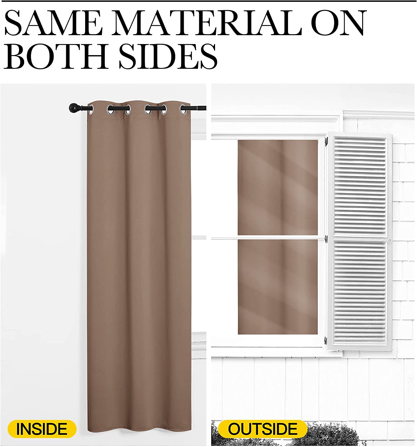 Brown grommet thermal insulated blackout curtain, showing identical material and color from both interior and exterior views.