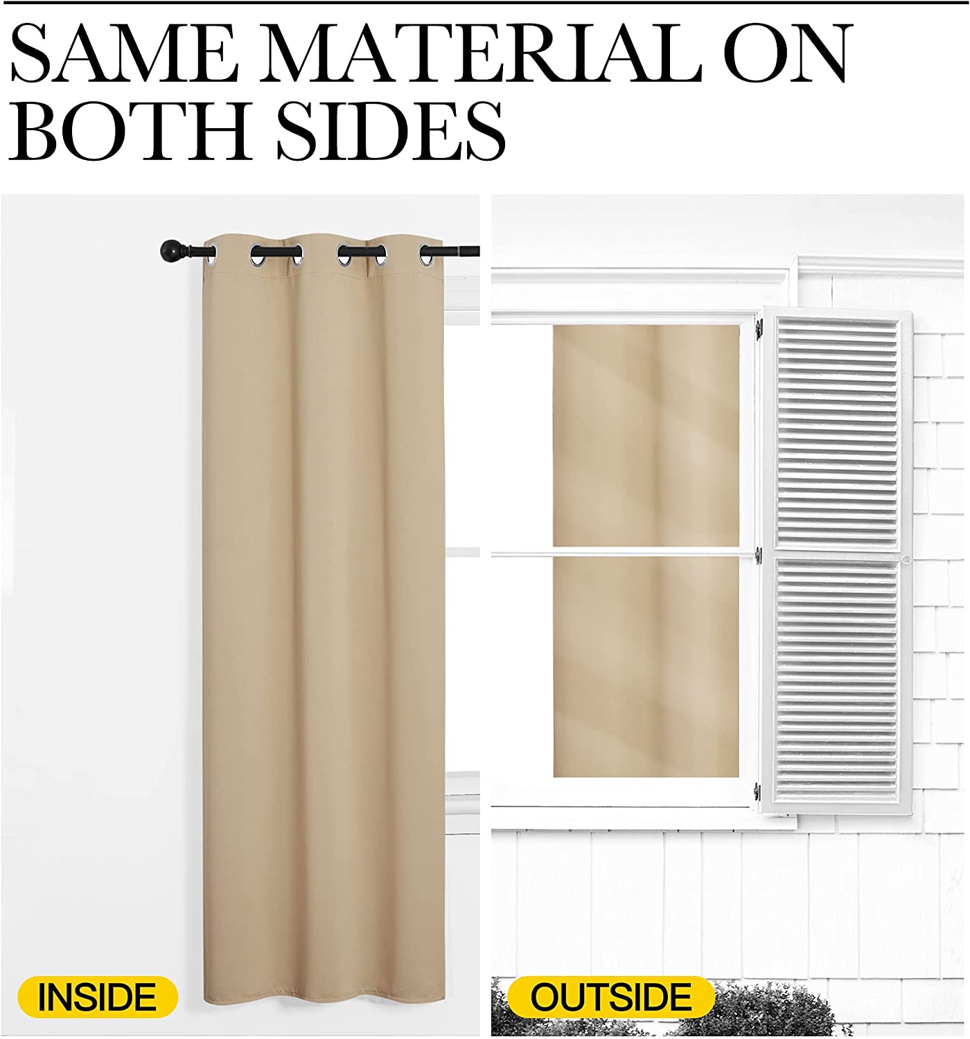 Light beige grommet blackout curtain, thermal insulated fabric looks same from inside & outside window.