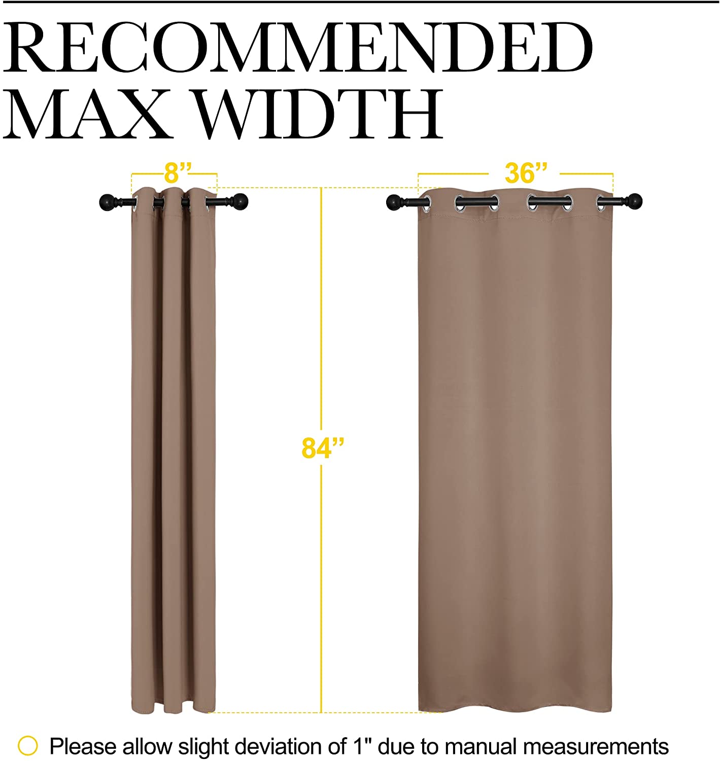 Grommet thermal insulated blackout curtain panel size guide: 84" length, showing optimal drape from 8" (gathered) to 36" (extended) width.