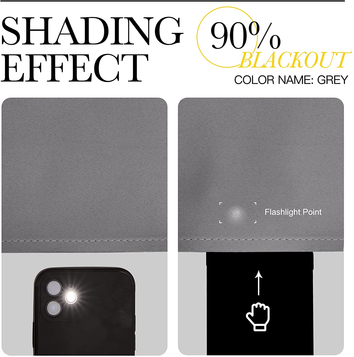 Grey thermal insulated blackout curtain demonstrating 90% light-blocking effectiveness with a flashlight test.
