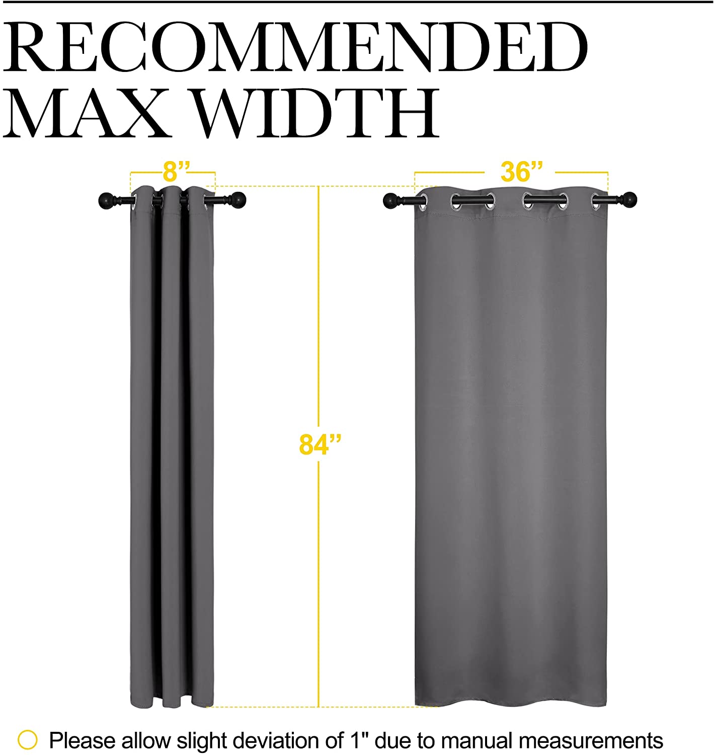 Grey grommet thermal insulated blackout curtains showing recommended widths: 8" (gathered) and 36" (flat), with 84" length.