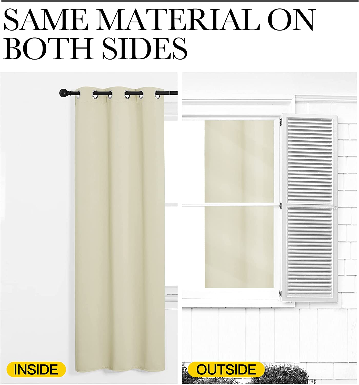 Beige grommet blackout curtain, same material visible from interior living room and exterior window, ensuring consistent look & thermal insulation.
