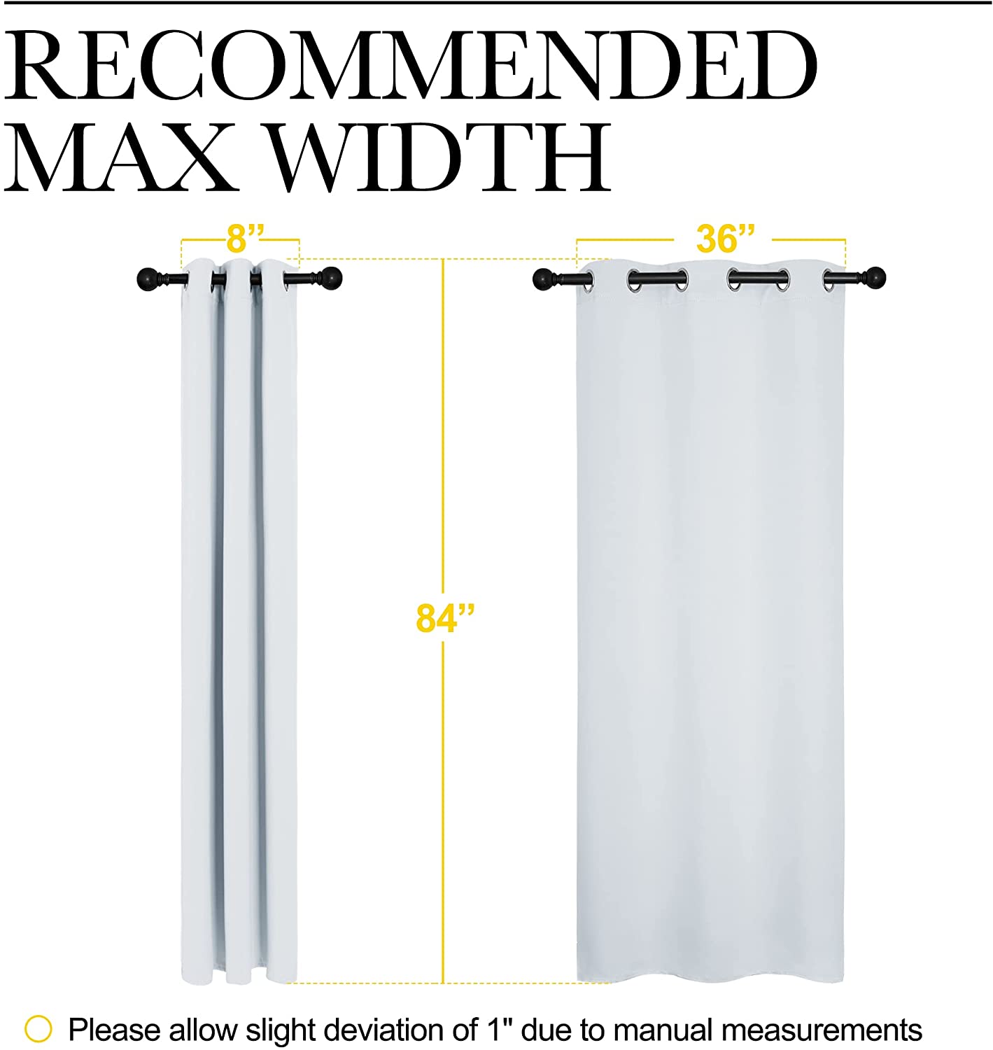 Grommet thermal insulated blackout curtain dimensions: 36" max flat width, 8" pleated width, 84" length for living rooms.