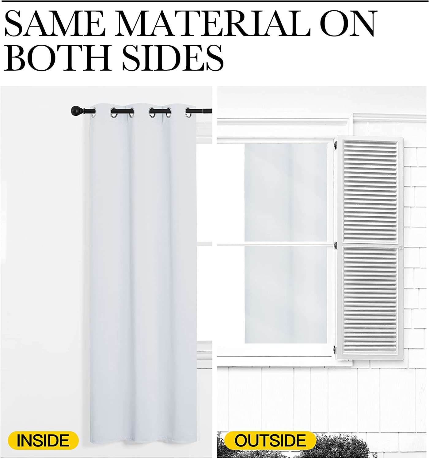 Split image showing a white thermal insulated blackout grommet curtain panel, same material on both inside and outside.