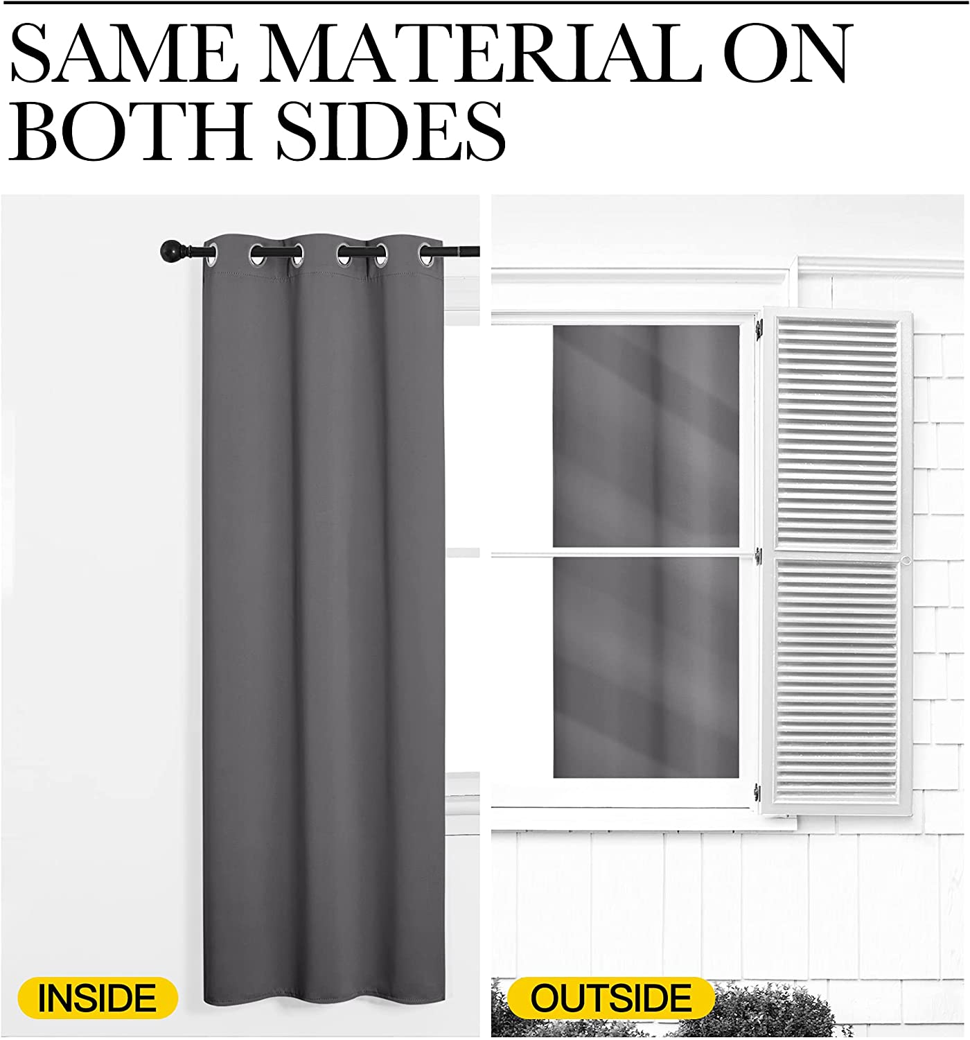 KGORGE dark grey grommet blackout curtain, viewed from inside and outside a window, showing identical material on both sides.