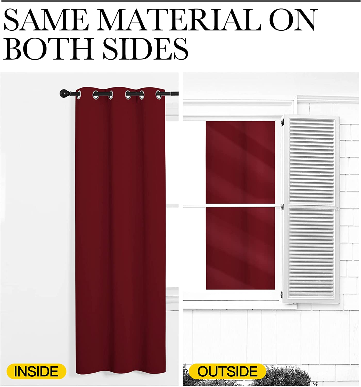 Split view: red grommet thermal insulated blackout curtain inside a room & outside a window, showing identical fabric.