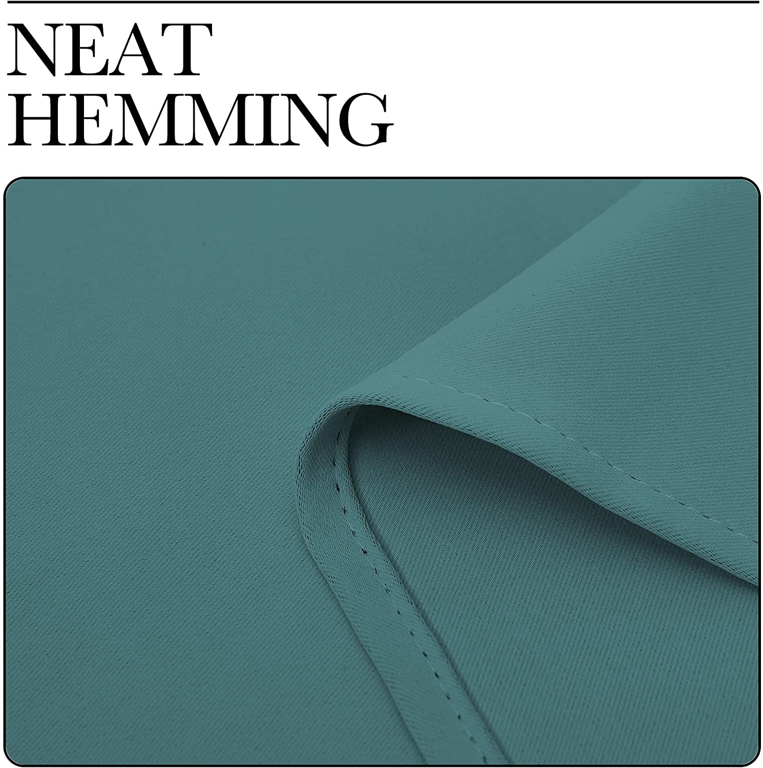 Neat hemming detail on thick teal thermal insulated blackout curtain fabric, showcasing quality stitching for living rooms.