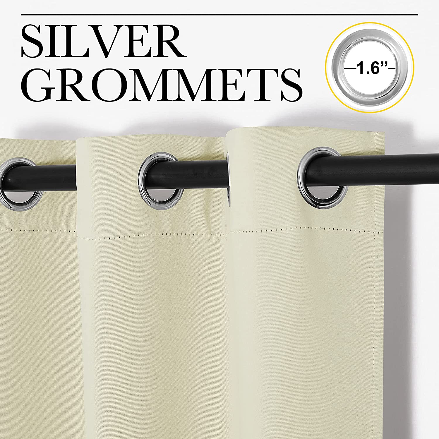 Close-up of beige thermal insulated blackout curtains featuring 1.6-inch silver grommets on a dark curtain rod.