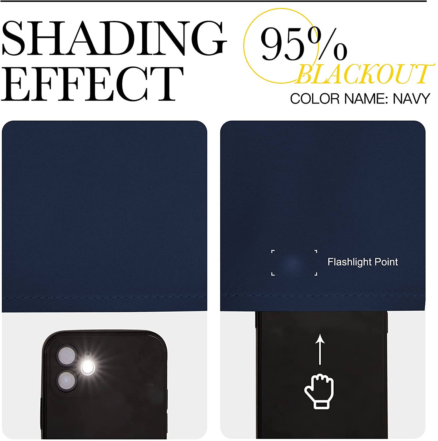 Navy thermal insulated blackout curtain's 95% light blocking shown. Flashlight test demonstrates minimal light passing through fabric.