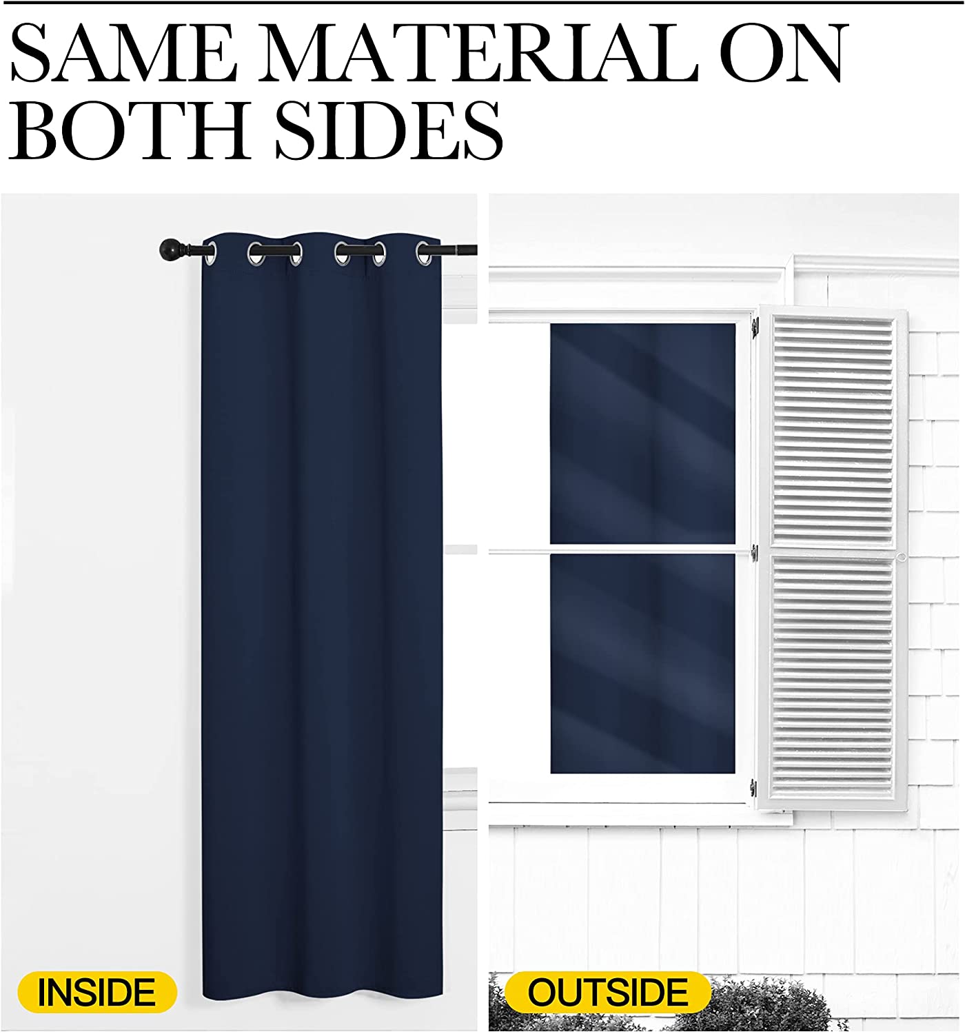 Navy blue thermal insulated blackout grommet curtain panel, showing its dual-sided material for consistent look from inside & outside.