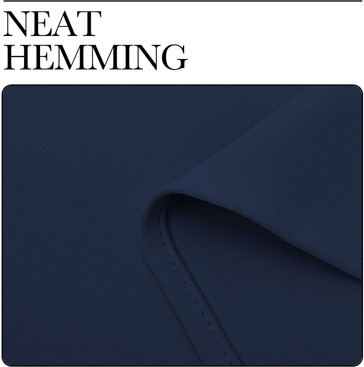 Close-up of neat hemming on a navy blue thermal insulated blackout curtain, emphasizing quality fabric and meticulous stitching.