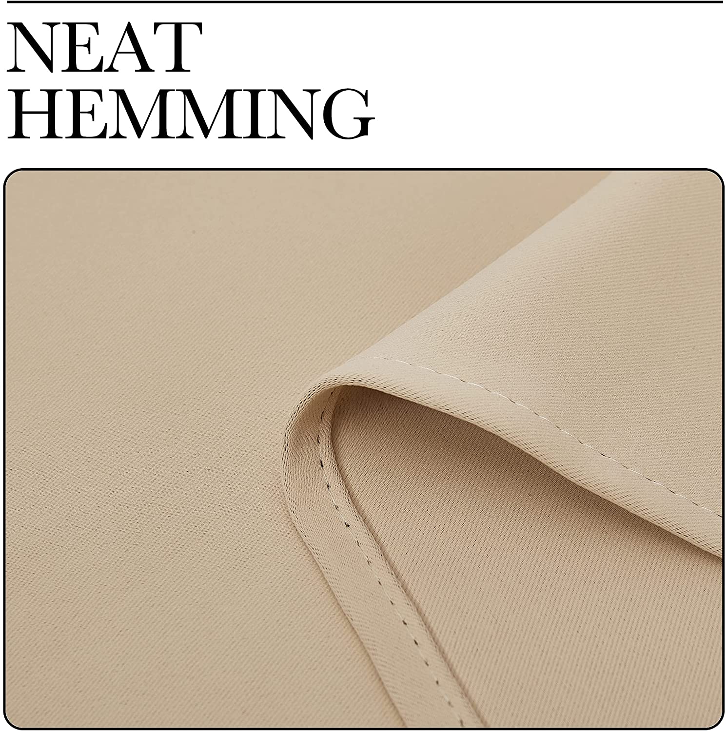 Close-up of neat hemming on a beige thermal insulated blackout curtain, highlighting precise stitching and fabric quality.